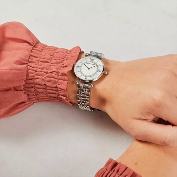 First Copy Emporio Armani Silver White Dial Roman Marker Diamond Bezel Women’s Analog Watch