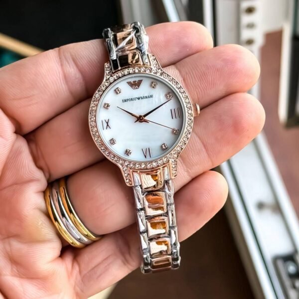 First Copy Emporio Armani Silver Rose Gold White Dial Diamond Bezel Women’s Analog Watch