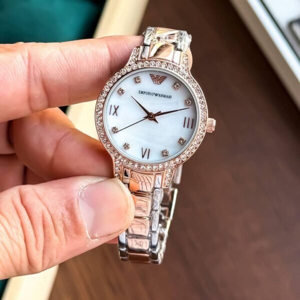 First Copy Emporio Armani Silver Rose Gold White Dial Diamond Bezel Women’s Analog Watch