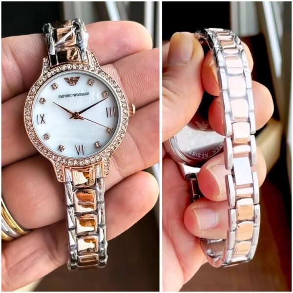 First Copy Emporio Armani Silver Rose Gold White Dial Diamond Bezel Women’s Analog Watch