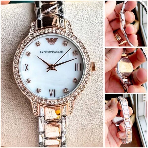 First Copy Emporio Armani Silver Rose Gold White Dial Diamond Bezel Women’s Analog Watch