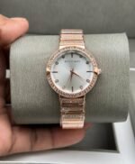 First Copy Rose Gold White Dial Diamond Bezel Women’s Analog Watch