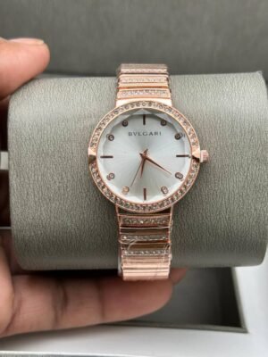 First Copy Rose Gold White Dial Diamond Bezel Women’s Analog Watch