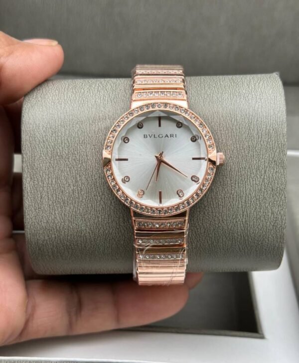 First Copy Rose Gold White Dial Diamond Bezel Women’s Analog Watch