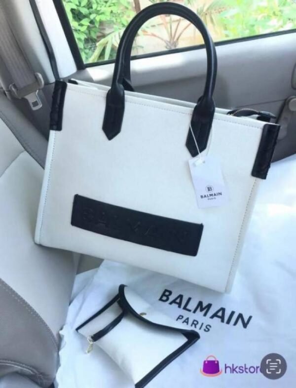 First Copy Balmain Paris White Structured Tote Bag With Black Trim And Premium Finish