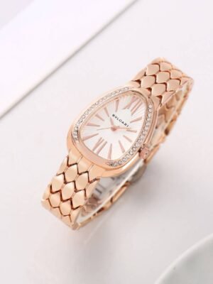 First Copy Bvlgari Serpenti Rose Gold White Dial Diamond Bezel Women’s Analog Watch
