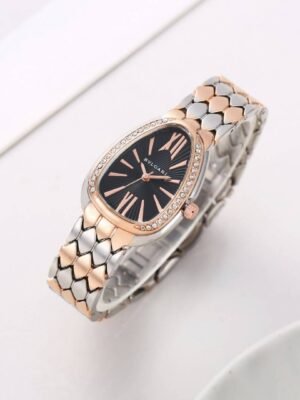First Copy Bvlgari Serpenti Silver Rose Gold Black Dial Diamond Bezel Women’s Analog Watch
