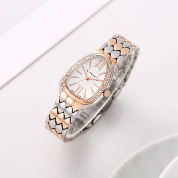 First Copy Bvlgari Serpenti Silver Rose Gold White Dial Diamond Bezel Women’s Analog Watch