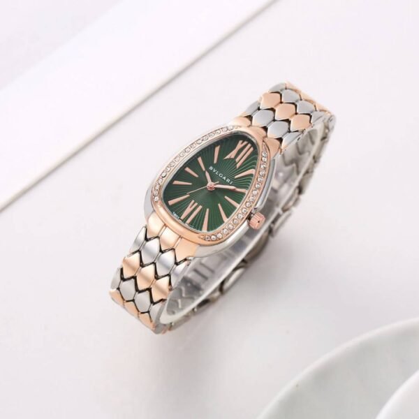First Copy Bvlgari Serpenti Silver Rose Gold Green Dial Diamond Bezel Women’s Analog Watch