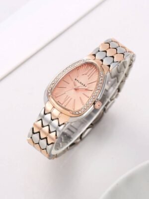 First Copy Bvlgari Serpenti Silver Rose Gold Peach Dial Diamond Bezel Women’s Analog Watch