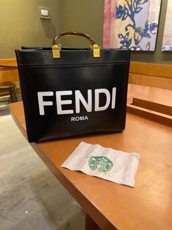 First Copy Fendi Roma Black Canvas Tote Bag With Bold Logo Print And Premium Top Handles