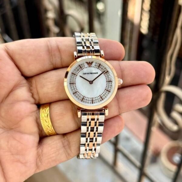 First Copy Emporio Armani Silver Rose Gold White Dial Diamond Bezel Women’s Analog Watch