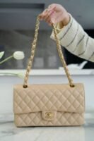First Copy Beige Quilted Luxury Shoulder Bag With Gold Chain Strap And Premium Finish