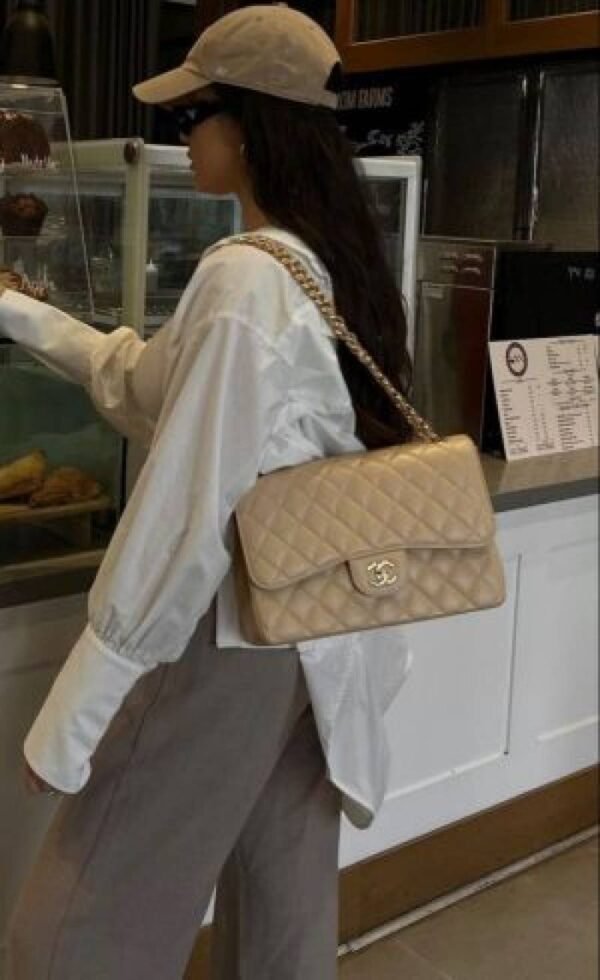First Copy Beige Quilted Luxury Shoulder Bag With Gold Chain Strap And Premium Finish