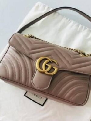 First Copy Gucci Marmont Taupe Quilted Shoulder Bag With GG Logo And Gold Chain Strap