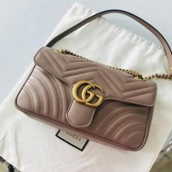 First Copy Gucci Marmont Taupe Quilted Shoulder Bag With GG Logo And Gold Chain Strap
