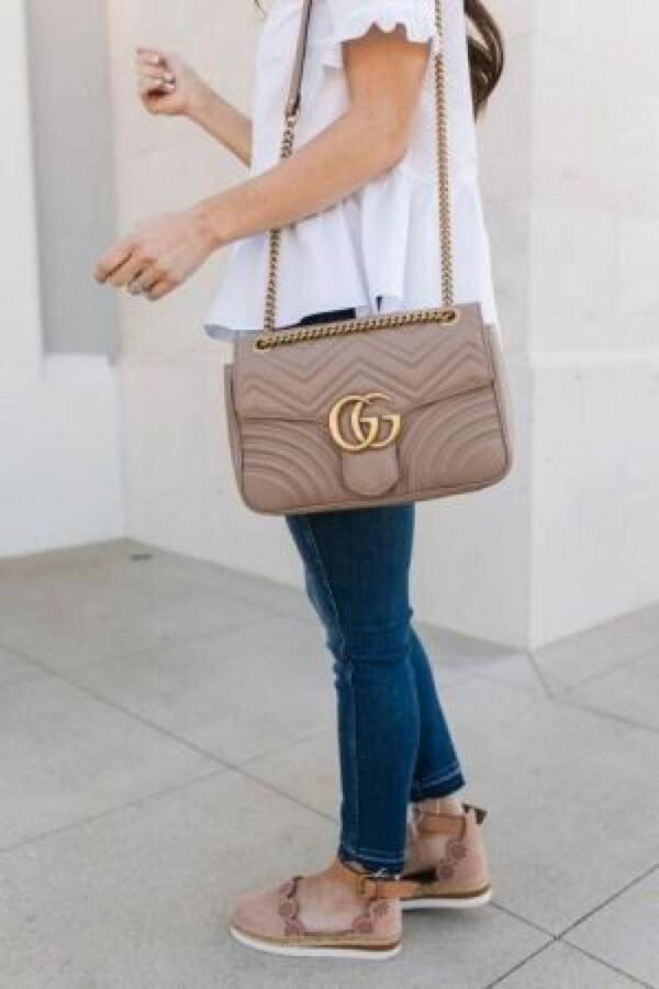First Copy Gucci Marmont Taupe Quilted Shoulder Bag With GG Logo And Gold Chain Strap