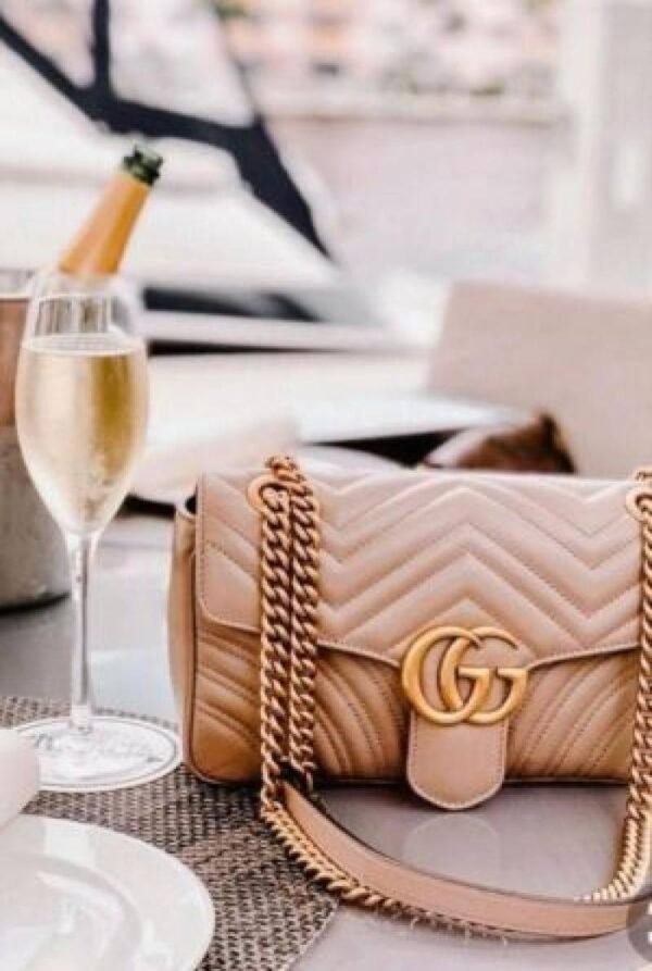 First Copy Gucci Marmont Taupe Quilted Shoulder Bag With GG Logo And Gold Chain Strap