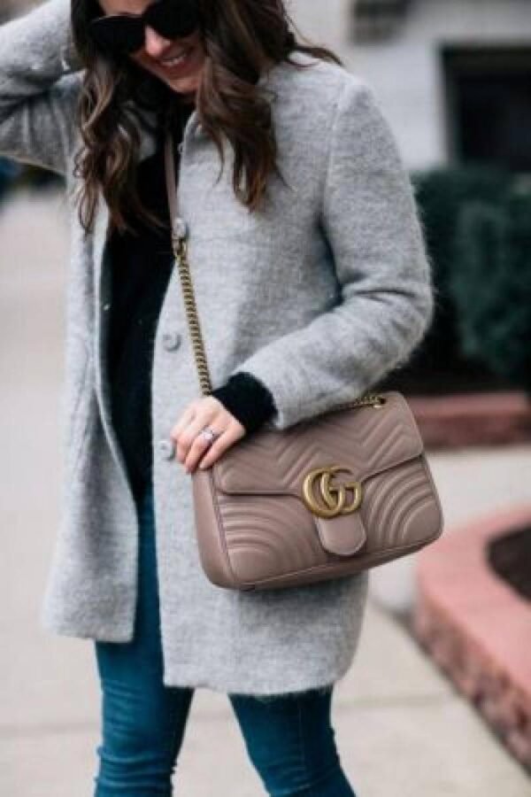 First Copy Gucci Marmont Taupe Quilted Shoulder Bag With GG Logo And Gold Chain Strap