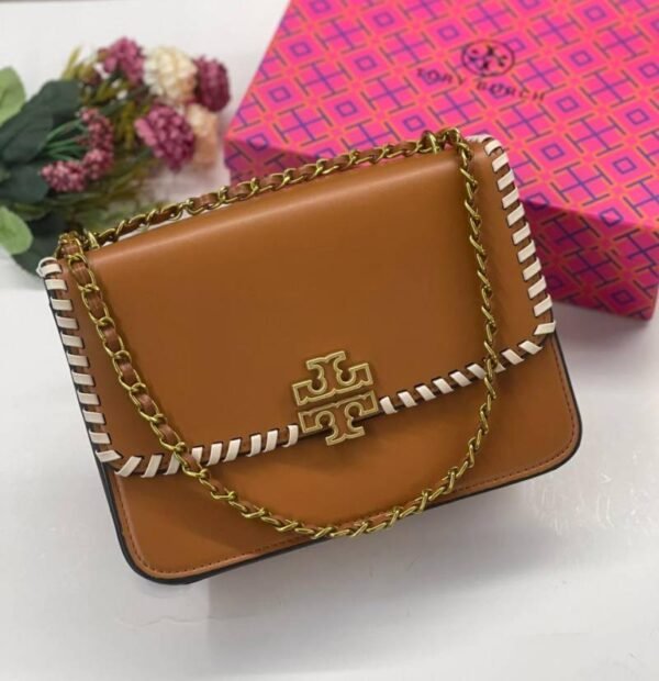 First Copy Tory Burch Ladies Leather Sling Bag Brown Premium Chain Handbag