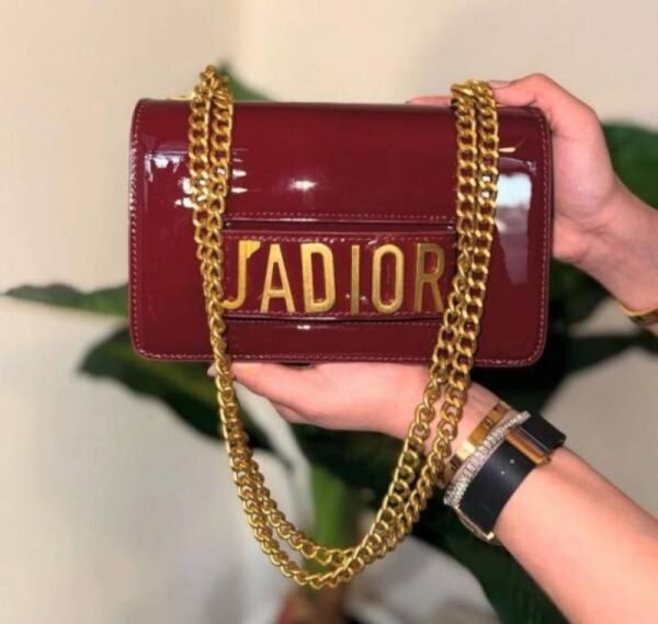 First Copy Dior J’Adior Maroon Patent Chain Sling Bag With Gold Logo And Premium Finish