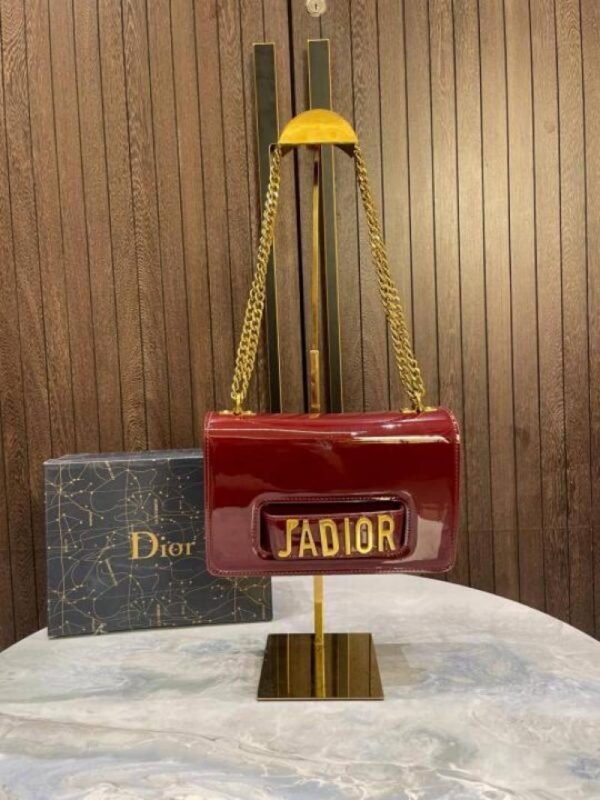 First Copy Dior J’Adior Maroon Patent Chain Sling Bag With Gold Logo And Premium Finish