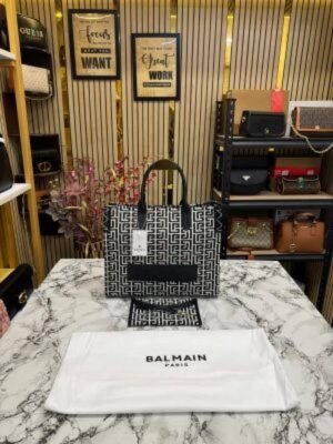 First Copy Balmain Paris Monogram Structured Tote Bag With Black Handles And Premium Finish