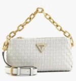 First Copy Guess White Textured Shoulder Bag With Gold Chain Strap And Premium Finish