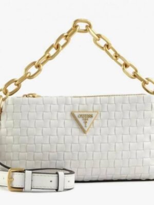 First Copy Guess White Textured Shoulder Bag With Gold Chain Strap And Premium Finish