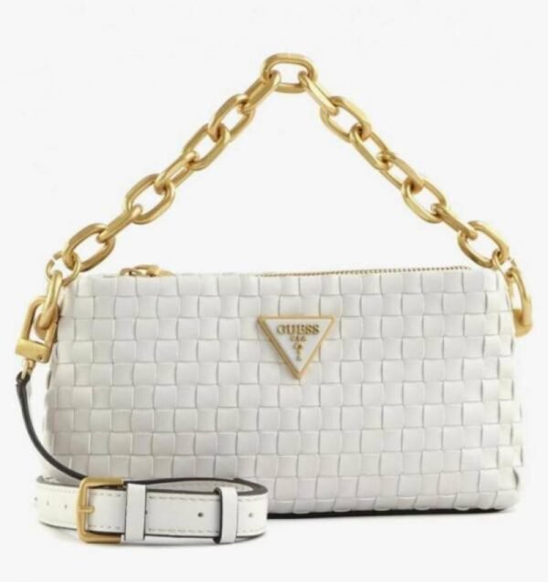 First Copy Guess White Textured Shoulder Bag With Gold Chain Strap And Premium Finish