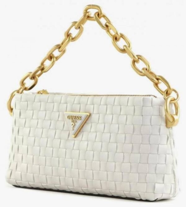 First Copy Guess White Textured Shoulder Bag With Gold Chain Strap And Premium Finish