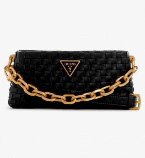 First Copy Guess Black Quilted Shoulder Bag With Gold Chain Strap And Premium Finish