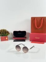 First Copy Cartier Round Brown Gradient Sunglasses Metal Frame Unisex UV Protection