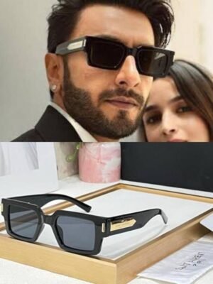 First Copy Balmain Black Rectangle Sunglasses Gold Logo Unisex UV Protection