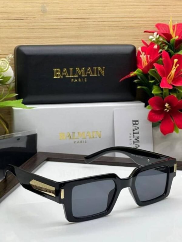 First Copy Balmain Black Rectangle Sunglasses Gold Logo Unisex UV Protection