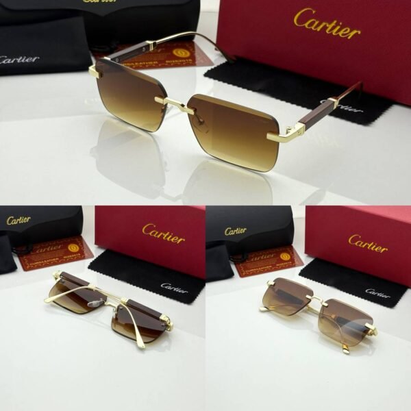 First Copy Cartier Rimless Gold Square Sunglasses Brown Gradient Unisex UV Protection